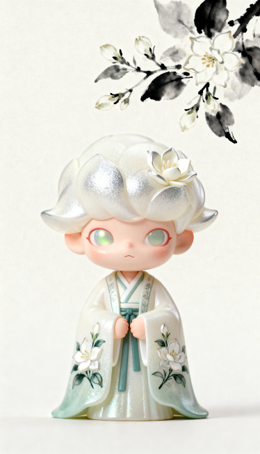 茉莉仙·清露款潮玩，泡泡马特风格，3D立体Q版可爱手办，哑光树脂材质，表面仿茉莉花瓣纹理，奶白色半透哑光质感，纹路处藏浅银细闪，触感略带细腻颗粒，花瓣纹路呈现层次阴影，面部颊边带有茉莉色反光，绢丝肌理预览效果