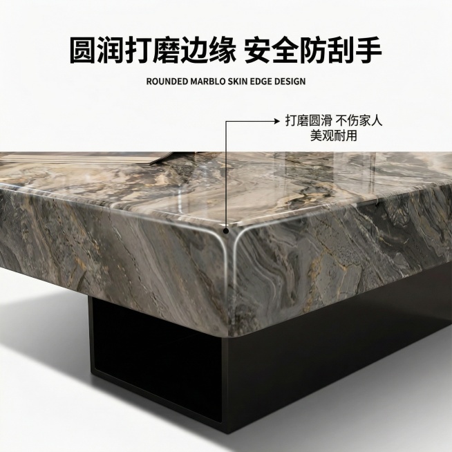 [主图4] 圆润边缘设计细节图
[核心视觉]意式轻奢现代简约，高级材质透视，真实产品质感，光影统一
[画面元素]放大展示茶几侧边的边缘细节，突出圆润打磨处理，展示不刮手的安全设计，保留大理石侧面纹理和预览效果