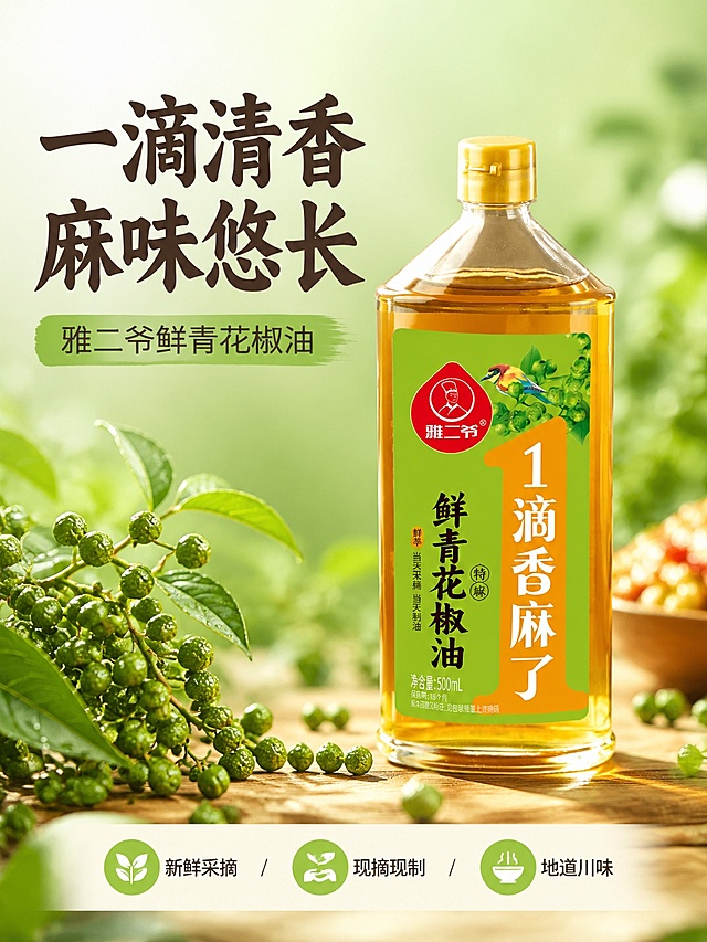 [第1屏] 详情页头图，雅二爷青花椒油500ml产品宣传海报。本屏使用【图3】作为商品主体。
[氛围/风格] 清新自然的生鲜风格，绿色田园氛围，商业美食摄影质感，突出食欲感。
[元素布局] 商品主体置于画面偏右下位置，占画面约65%；左上方预留主标题区域，前景搭配新鲜青花椒枝条作为点缀，保留产品瓶身结构、包装配色与输入产品图完全一致。背景使用浅绿渐变，营造自然清新感。
[光影质感] 采用左侧柔光，右侧产品瓶身形成柔和高光，底部增加自然投影，整体画面通透干净。
[配色色系] 全局底色 #f2f9f0，主色自然绿色，辅助色为产品包装本身的绿色和橙色，深棕色文字。
[视角构图] 正面45度斜视角，产品为视觉中心，阅读动线左上标题 → 主体产品 → 底部卖点信息。
[文字版式] 版式为左上标题+右下产品+底部信息条。主标题「一滴清香麻味悠长」，副标题「雅二爷鲜青花椒油」，主标题使用粗体深棕色字，副标题浅绿色块衬托深棕色字，底部列出三个核心卖点：「新鲜采摘 / 现摘现制 / 地道川味」，文字不遮挡产品主体，排版干净清晰。
[比例分辨率] 3:4 竖版比例，宽度990px，4K 分辨率，文字清晰可辨，高清画质。
[负向提示词] 瓶身变形，缺件错件，包装文字错乱，颜色偏差，水印，文字过小，绝对违禁用语，背景杂乱