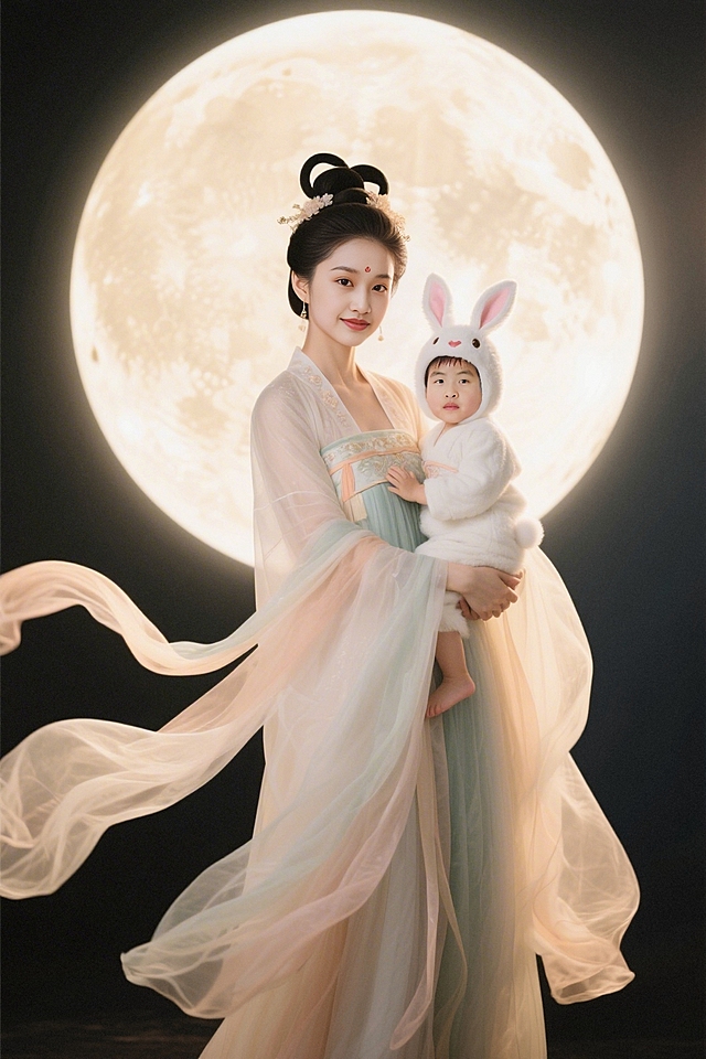 工笔风与水墨风交融，古典中式美学中融入轻拟物元素，母子共赏圆月，梦幻光影交织，营造出温馨浪漫的中秋意境。