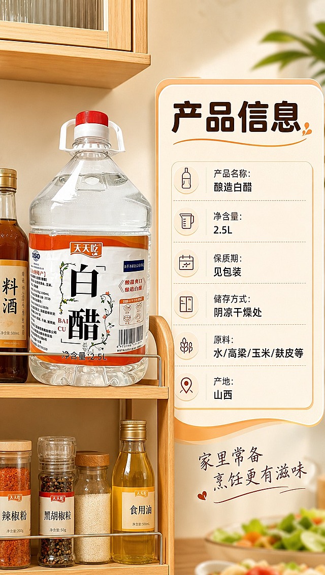 [商品] 使用【图1】天天吃酿造白醋2.5L桶装；保留透明塑料桶身、红色瓶盖、白色提手、橙白标签、所有包装文字与图案；产品位于画面左侧，占画面约40%，瓶身标签完整展示。
[画面] 目标：规格信息收尾，参数+囤货场景。构图：左产品右信息型，左侧白醋桶立放在厨房收纳架上，旁边还有粮油调料瓶，体现家庭囤货收纳场景；右侧是规格参数信息卡。背景为温馨厨房一角，暖光柔和。前中后景：前景产品与信息卡、中景收纳架、后景厨房墙面。
[视觉] 套系策略：风格=家常温馨商业摄影；标题字=粗黑体圆润字形；正文字=简洁无衬线体；主色=暖橙+米白；背景延展=基于暖橙和米白做深浅层级、同色渐变和木纹/纸质质感；强调色=深棕红，仅用于小面积图标、引线和标签；标题色=深棕；正文色=暖灰；组件=圆角浅底信息卡、细线引线、食材图标；光影=左前侧暖柔光，温馨明亮。
[文字] 右上主标题「产品信息」，下方信息卡列出：产品名称：酿造白醋、净含量：2.5L、保质期：见包装、储存方式：阴凉干燥处、原料：水/高粱/玉米/麸皮等、产地：山西。底部一行温馨文案「家里常备 烹饪更有滋味」。所有文字横向排版，字号清晰可读。
[规格] 图片比例9:16竖版，4K分辨率，负向提示：避免变形、错字、文字过小、冷蓝背景、参数虚构、极限词。