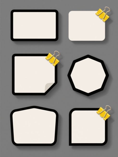 一系列6个完全不同形状的文本框素材集合，每个文本框均为简约扁平设计风格，无任何文字内容，保持纯色背景，规整排布。每个文本框右上角配有一个黄色金属质感的回形针夹，夹子具有轻微的高光和阴影细节，文本框边缘有细微的黑色描边和底部投影，呈现出简洁而略带立体感的视觉效果，整体设计统一且每个文本框形态各异。预览效果