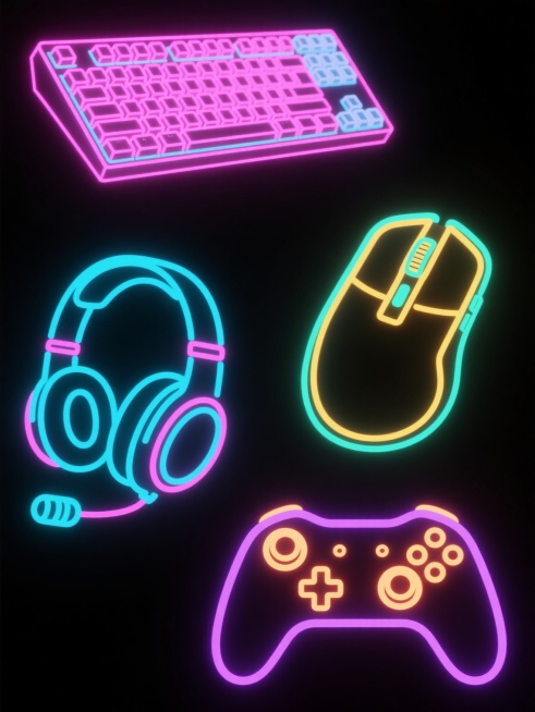 纯黑背景上，四个等大的电竞元素以规整的2x2网格布局排列，每个元素均采用相同的霓虹线框风格：左侧上方是粉色霓虹线框的机械键盘，按键细节清晰，边缘散发柔和的粉蓝色光晕；左侧下方是青蓝色霓虹线框的头戴式游戏耳机，麦克风弯曲自然，边缘散发柔和的粉紫色光晕；右侧上方是黄色霓虹线框的游戏鼠标，带有侧键和滚轮细节，边缘散发柔和的青绿色光晕；右侧下方是紫色霓虹线框的游戏手柄，十字键和动作按键分明，边缘散发柔……预览效果