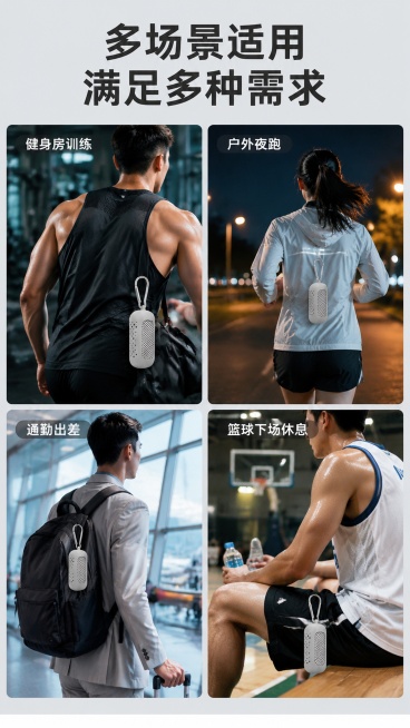 [第6屏] 多场景使用拼图，展示运动毛巾便携套装多种适用场景。本屏使用【图1】作为产品主体，在每个场景中展示。[氛围/风格] 活力拼图风，清晰展示不同使用场景。[元素布局] 2×2四宫格拼图，四个场景预览效果