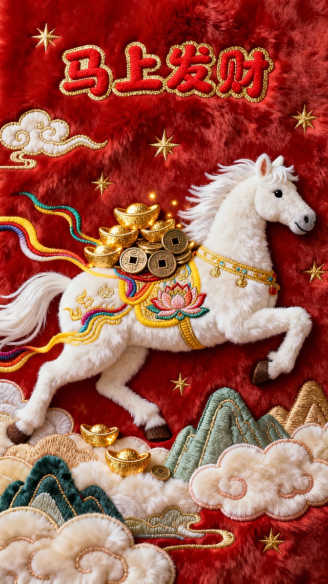 刺绣风国潮设计，重拟物浮雕质感，红底白马驮金元宝，祥云山峦环绕，喜庆中式年味十足，寓意马上发财。
