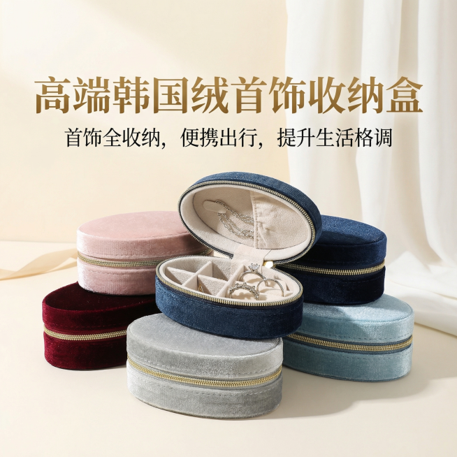 参考提供的图片，生成椭圆形韩国绒首饰收纳盒电商详情页，整体首屏海报展示，搭配高端文案"高端韩国绒首饰收纳盒，首饰全收纳，便携出行，提升生活格调"，简洁大气设计，符合电商海报风格预览效果