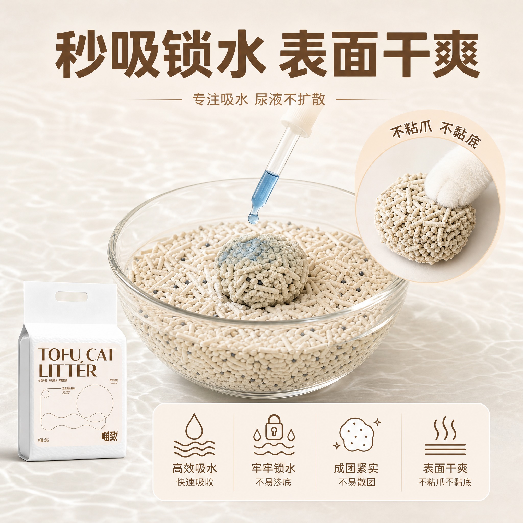 [主图-9] 喵致豆腐混合猫砂 结果与背书 吸水锁水效果展示。… - 图片创意预览