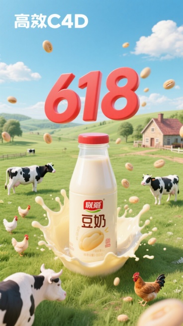 画面主标题为“618“的立体字，小标题是”狂欢盛典”，画面中心展示豆奶产品，瓶身被飞溅的豆奶环绕。背景构建一个田园风光场景，有绿色草地、蜿蜒河流、乡村农舍、悠闲奶牛，小鸡，母鸡等，搭配蓝天白云，营造自预览效果