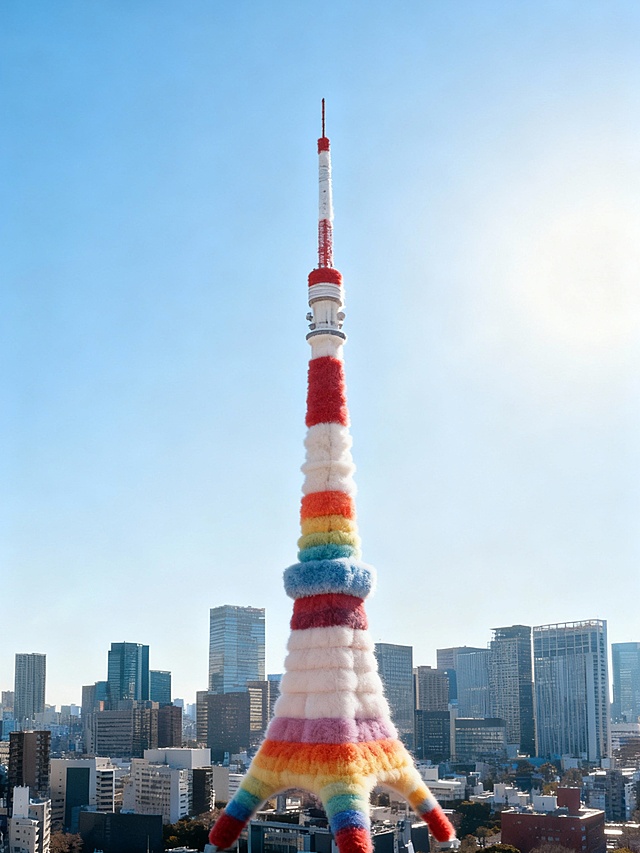 建筑整体呈现出全毛绒质感的风格，毛绒有层次感，毛绒颜色为彩虹色调。建筑保留原始形状，各个部分都如同被柔软的毛绒材质精心包裹，水平矫正