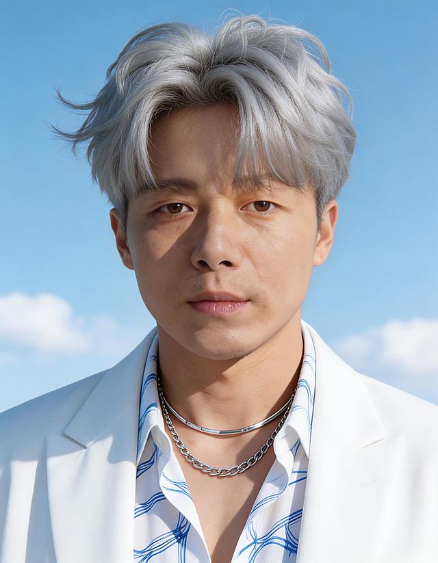 图中人物五官不变，去掉耳钉，年轻东亚男性（18-25岁）的韩系偶像写真，竖版近景构图，画面比例3:4。发型是浅银灰色中长发，带有刘海，发丝微卷，略显蓬松。服装是叠穿：外搭白色宽松西装外套（面料轻盈顺滑），内搭白色衬衫，带有蓝色抽象线条图案，领口微敞。配饰是两条银色叠戴项链（细颈链+稍粗的链）。姿态：头部微侧，眼神轻垂，神情柔和松弛，传递出少年的干净与治愈感。背景是清澈的浅蓝色天空，带有少量白云，明亮的自然漫射光在肌肤与白色面料上形成通透光晕，整体色调偏冷白，营造出清新空灵的氛围。整体超写实，细节丰富，专业偶像概念写真