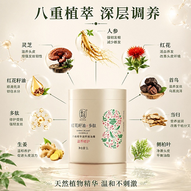 [主图-2] 八种植萃成分解析图 成分环绕展示。
[氛围风格] 科研植萃结合风 通透高级 成分可视化。
[画质] 商业摄影质感 3D渲染效果 成分清晰真实 画面干净有层次。
[元素] 画面中心偏下放置蒂花之秀焗油膏罐体 保持产品外观与输入图一致 罐体上方和四周悬浮八种真实植萃原料的3D立体形态 包括人参 灵芝 红花 首乌 当归 生姜 侧柏叶 红花籽油滴 每种成分用细线连接到产品 旁边标注成分名称和功效关键词 成分悬浮有层次感 大小错落 背景为浅米色渐变 有细微的分子结构光点装饰 营造科研感。画面整体通透 不拥挤。
[光影] 顶部柔光均匀打亮 每个成分元素有独立的柔和光影 底部有轻微投影 整体光线明亮通透 3D元素有体积感。
[配色] 主色调米白浅金 辅助色草木绿 植物本色点缀 文字深绿深棕。
[视角构图] 平视角度 产品在下方三分之一处 成分布满上方和两侧 形成环绕式构图 视觉中心在成分与产品的连接处 景深较浅 背景虚化突出主体。
[文字版式] 顶部居中主标题"八重植萃 深层调养" 深绿色大号粗体；每种成分旁配小字标签 如"人参 强韧发根""灵芝 滋养头皮""红花籽油 顺滑亮泽""多肽 修护受损"等 字体简洁 标签用细线引出 不遮挡成分和产品。底部辅助文案"天然植物精华 温和不刺激"。
[输出要求] 1:1比例 文字清晰锐利 超高清质感。
[负向提示词] 变形 文字错乱 产品模糊 背景杂乱 水印 电商平台Logo 多余人物。