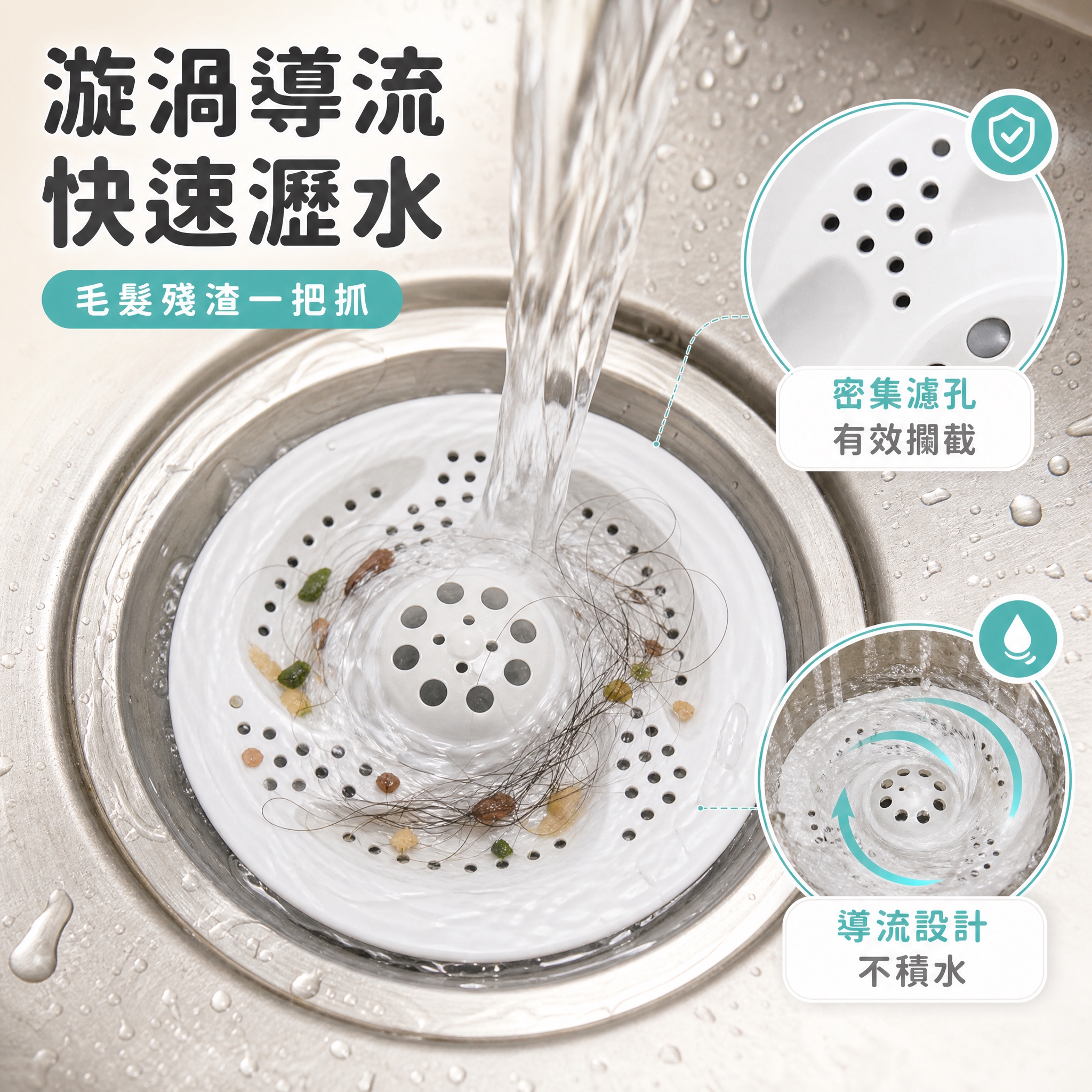 [主圖-2] 核心賣點效果證明 漩渦導流快速瀝水 毛髮殘渣有效… - 图片创意预览