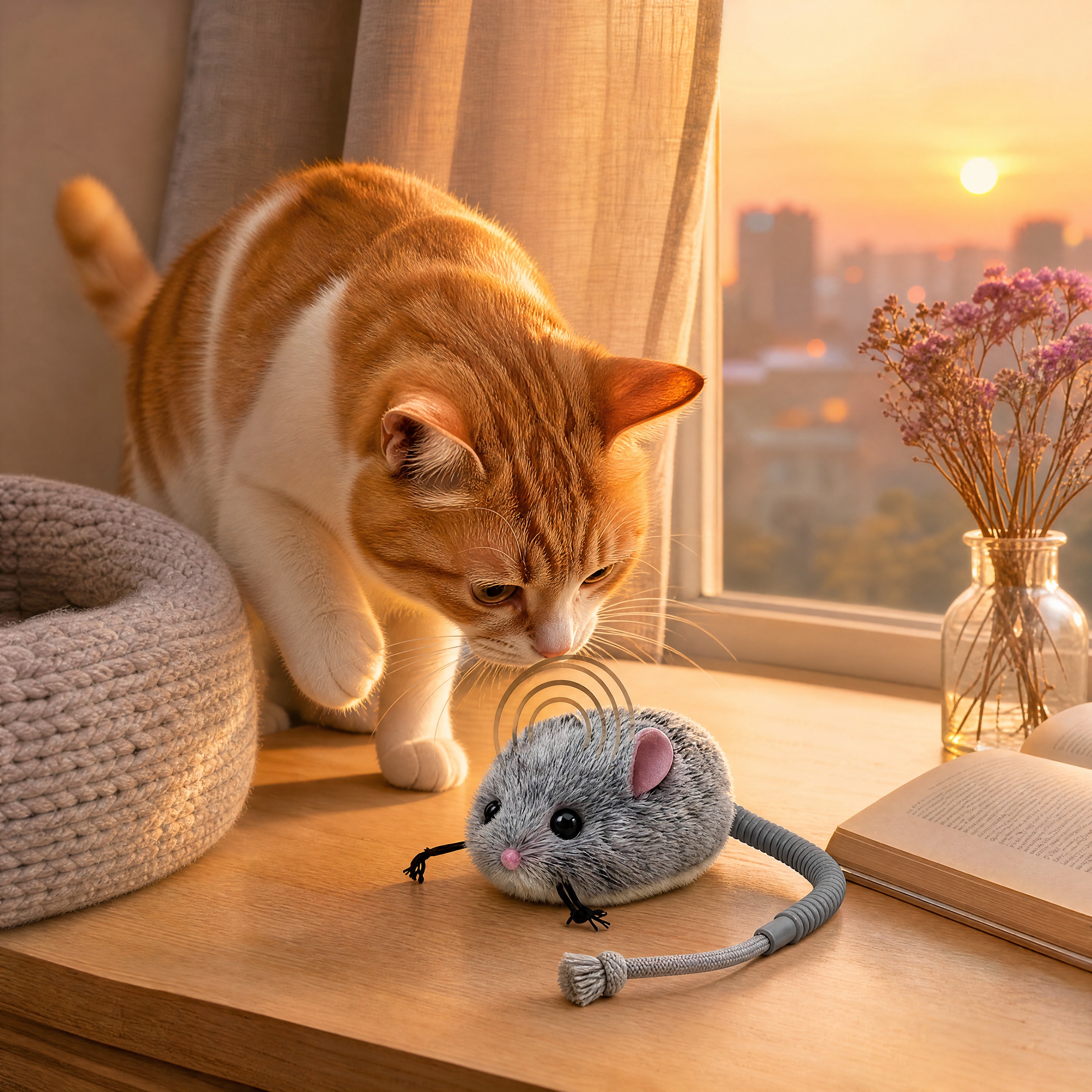 超写实宠物生活场景摄影。 主体：毛绒老鼠猫玩具严格参照上传产品… - 图片创意预览