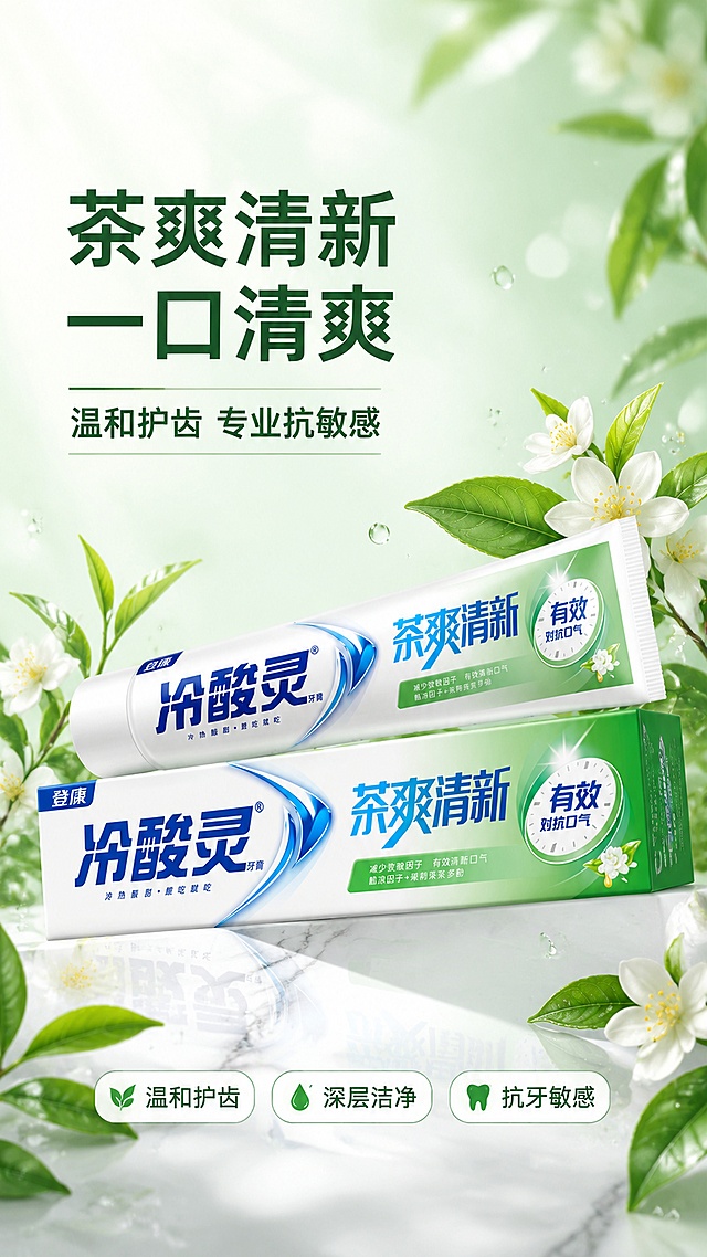 [第1屏] 详情页头图-冷酸灵茶爽清新牙膏主视觉海报。本屏使用【图1】作为商品主体，牙膏管与包装盒组合展示。
[氛围/风格] 清新自然茶系口腔护理风，洁净通透，商业摄影质感，高级感与生活感兼具。
[元素布局] 牙膏管斜置于包装盒上方呈45度角，位于画面中右侧，占比约55%-60%；左侧与上方留白做标题区；背景融入绿茶茶叶、茉莉花、清凉水珠、淡绿色光晕等元素；底部为浅色大理石质感台面；产品包装结构、蓝白绿配色、文字标识与输入产品图完全一致。
[光影质感] 左上方柔和自然光，右侧辅光提亮，产品边缘有清晰高光，底部自然投影，整体明亮通透有呼吸感。
[配色色系] 全局底色 #F0F9F2 浅茶绿渐变；主色茶绿+白色；辅助色深蓝品牌色、茉莉黄点缀。
[视角构图] 正面微俯视，产品为视觉中心，阅读动线左上标题 → 中部产品 → 底部信息条。
[文字版式] 左上标题区，主标题「茶爽清新 一口清爽」，副标题「温和护齿 专业抗敏感」，黑体加粗左对齐；底部横排三个胶囊形卖点标签「温和护齿」「深层洁净」「抗牙敏感」；文字不遮挡产品主体。
[比例分辨率] 9:16 竖版比例，4K 分辨率，文字清晰可辨，高清画质。
[负向提示词] 产品变形，包装文字错乱，颜色偏差，水印，文字过小，背景杂乱，缺件错件。