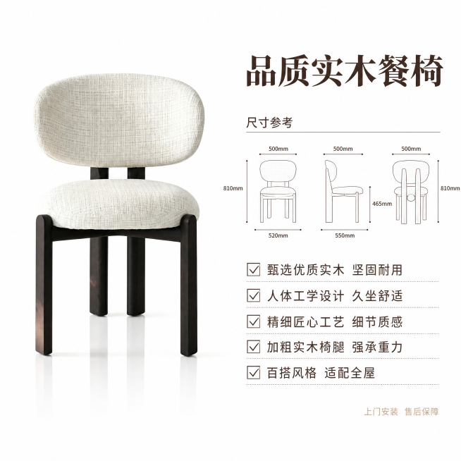 [主图-5]实木餐椅规格与服务总结，左侧展示完整餐椅产品，保持外观（物理结构、材质质感、颜色）与输入产品图绝对一致，杜绝任何变形和色差，精细化处理。右侧区域从上到下排列核心卖点信息和尺寸参考，顶部大标预览效果