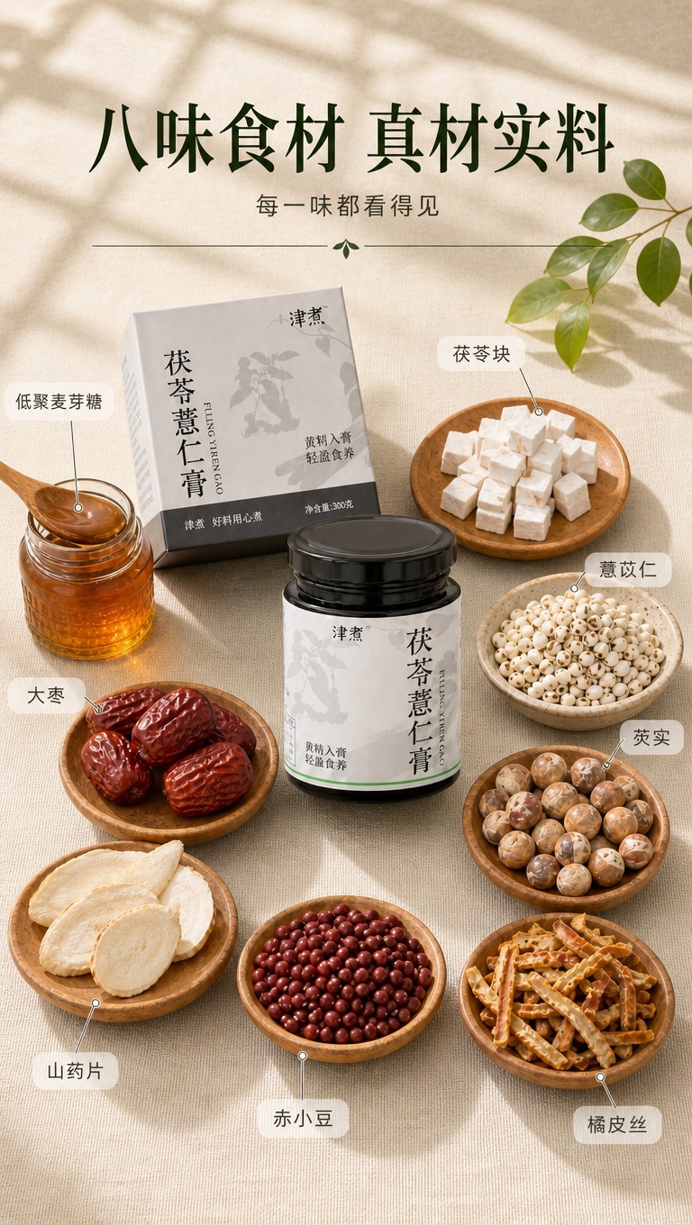 [商品] 使用【图2】津煮茯苓薏仁膏及八味食材组合；保留产品包… - 图片创意预览