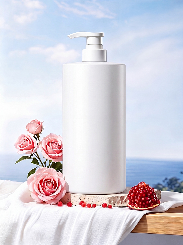 保留图一的整体场景和构图：浅粉玫瑰、石榴放在白色布料木质台面上，背景是蓝天白云和大海；将图一的瓶子替换为洗发水产品瓶身，去掉瓶身上所有文字和图案；对产品进行商业级精修，去除瑕疵和划痕，增强光影立体感，强化材质明暗关系，提升整体质感和高级感，提高整体亮度，专业静物摄影，32K超细节