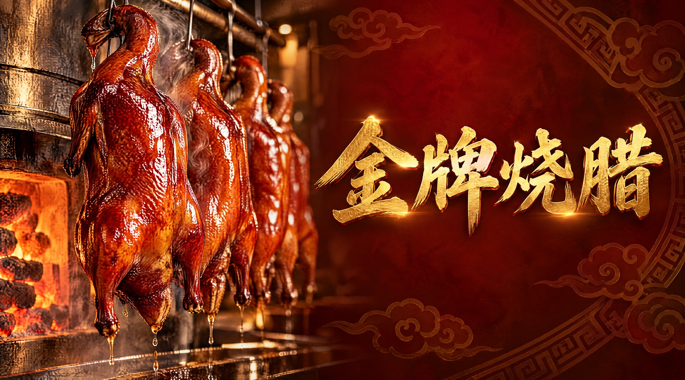 金牌烧腊店招设计，横版横幅构图。画面左侧是诱人的广式烧腊美食特… - 图片创意预览