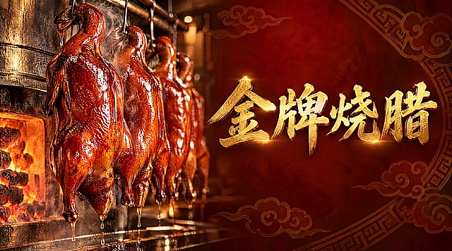 金牌烧腊店招设计，横版横幅构图。画面左侧是诱人的广式烧腊美食特写，色泽红亮的烧鸭挂在烤炉旁，皮脆肉嫩，油光闪闪，热气腾腾，酱汁欲滴，食欲感十足。右侧是金色大气的"金牌烧腊"四个大字，书法字体，苍劲有力，金色渐变。背景为深红色与暖棕色渐变，搭配中式传统纹样装饰，整体写真写实风格，高清美食摄影质感，温暖灯光效果，专业餐饮店铺招牌风格，高端大气，没有优惠字眼和地址电话