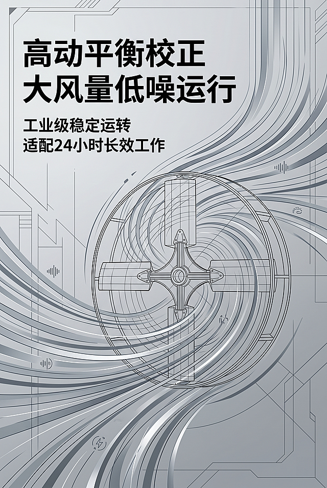 2:3竖版电商详情页，8K科技极简工业风，低饱和几何科技线条背景，无需完整展示产品全貌，主打性能可视化；画面中心以叶轮线稿搭配动态气流动线图形，可视化模拟大风量送风、平稳运转效果，直观呈现低能耗、高风量、低噪音核心性能；文案全部左对齐排版，画面左侧放置主标题："高动平衡校正 大风量低噪运行"，副标题："工业级稳定运转 适配24小时长效工作"；画面科技感十足，排版轻奢精致，用动态视觉转化抽象性能卖点，设计新颖大胆，主色调统一金属银灰(#C0C0C0)、工业哑光灰(#808080)，中文文字使用无衬线硬朗黑体