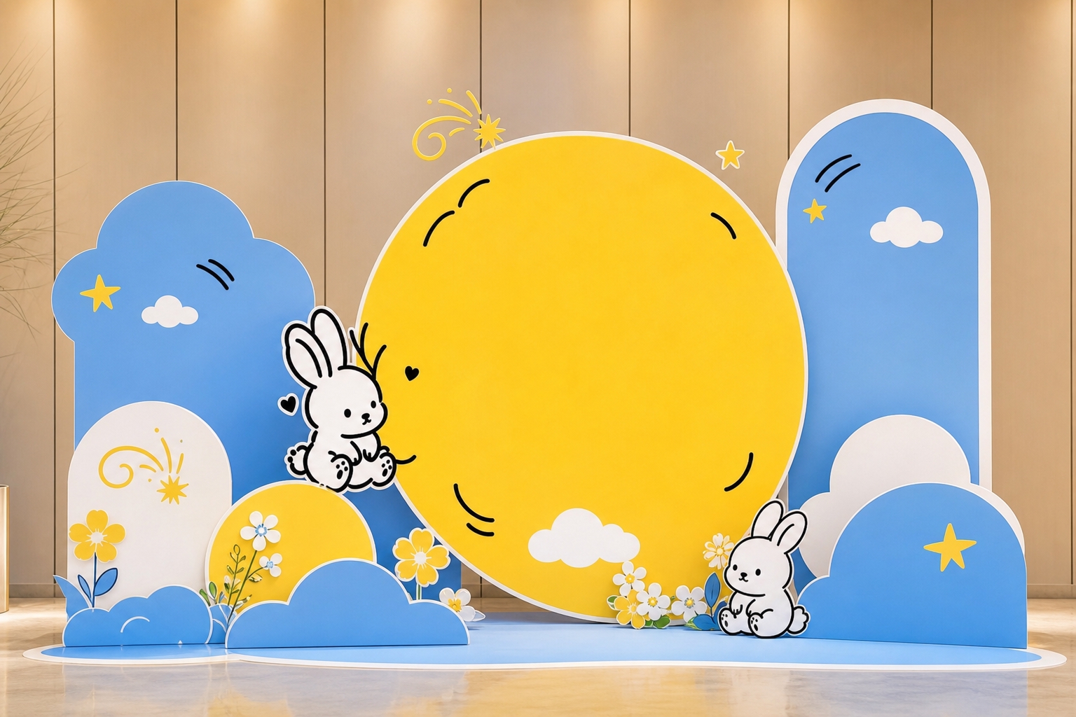 参考图中的可爱卡通手绘风格、蓝黄配色、圆润玉兔和大月亮元素，生… - 图片创意预览