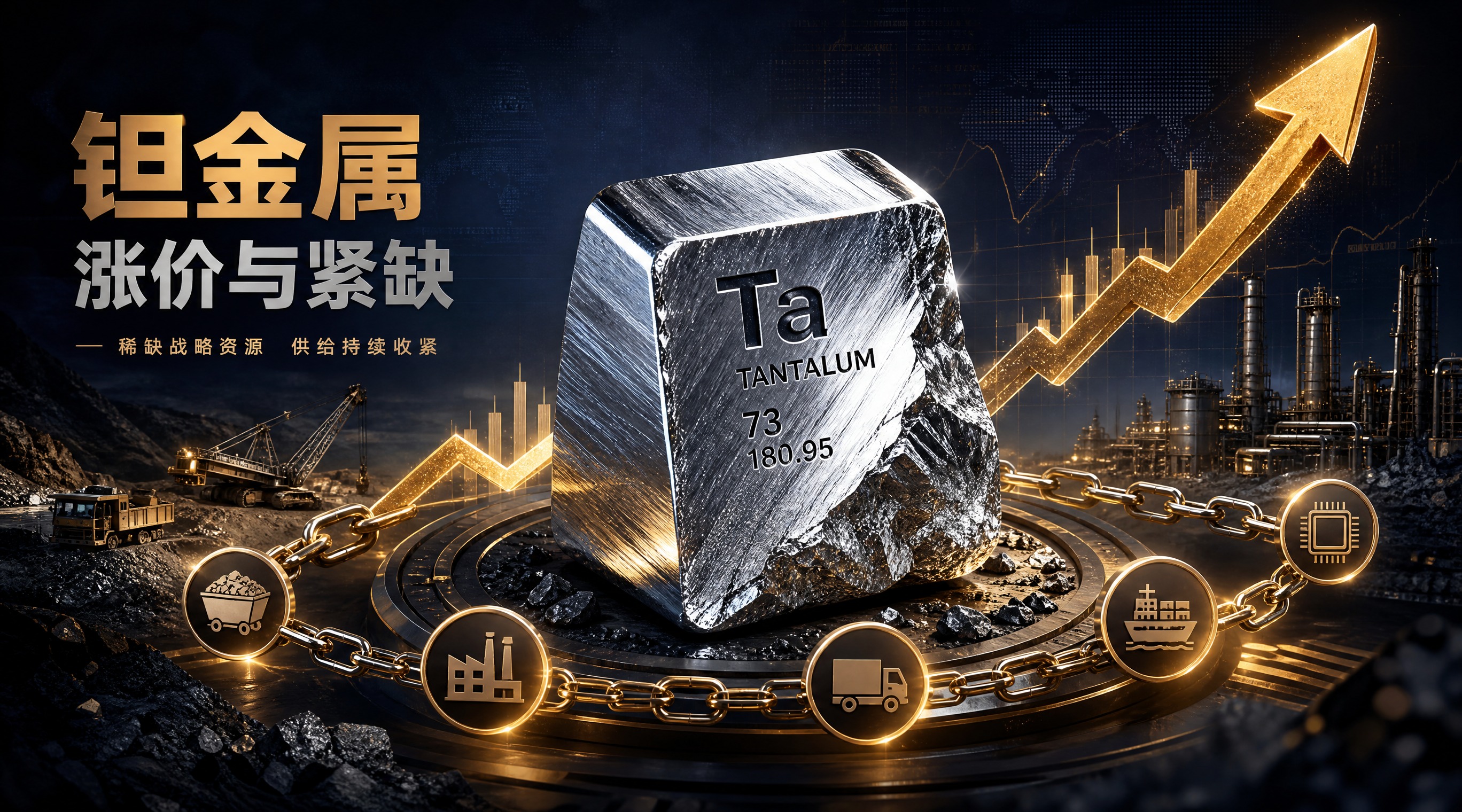 金属工业感封面图，主题为钽金属涨价与紧缺。画面中心是一块闪耀着… - 图片创意预览