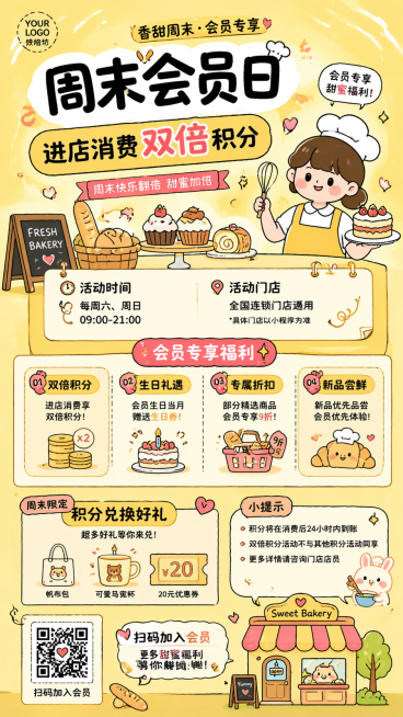 参考这三张参考图的趣味涂鸦手绘风小红书长图风格，活泼的卡通线条，明亮暖黄色调，区块化信息排版，生成一张9:16竖版的烘焙店周末会员活动H5长图，主题是：周末会员进店消费双倍积分，保留参考图的卡通手绘涂预览效果