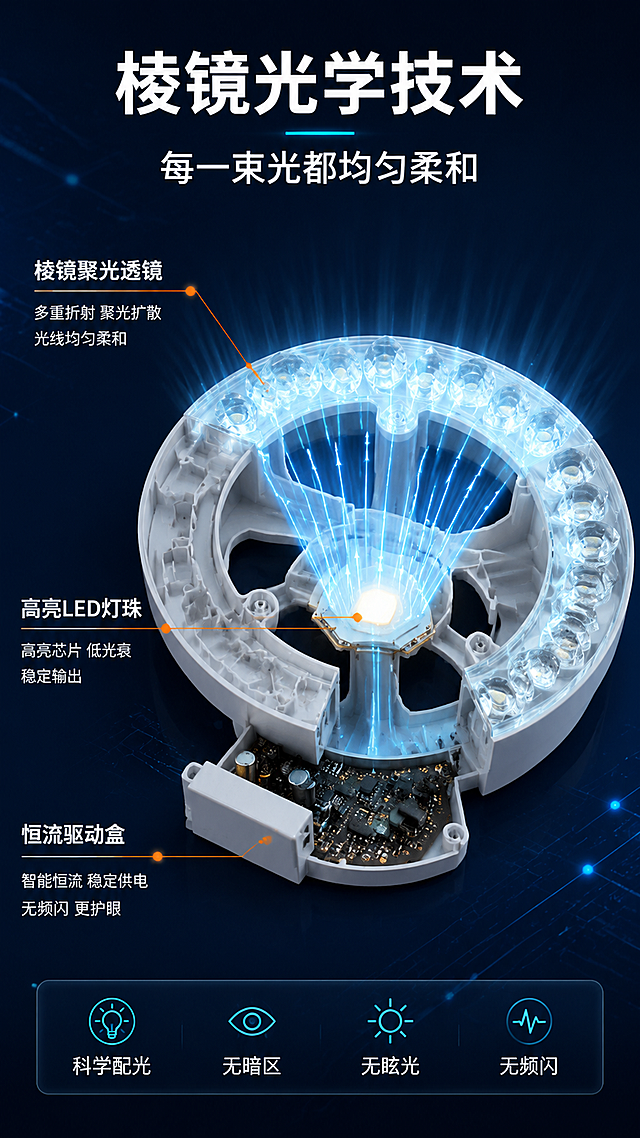 [第4屏] 详情页核心技术-棱镜透镜光路结构与发光原理剖面示意。本屏使用【图1】作为产品主体，展示透镜聚光原理，保持产品外观结构一致。
[氛围/风格] 科技剖面解析风，专业技术感，3D渲染质感，清晰展示内部光路。
[元素布局] 产品置于画面中央，占比约50%，做半剖面/透明化处理，展示内部LED灯珠、棱镜透镜、驱动电路结构；从灯珠发出的光线经过透镜折射后均匀扩散的光路线条可视化；周围标注关键部件名称；背景为深蓝色科技感渐变，有数据线条点缀。
[光影质感] 产品内部灯珠发光效果明显，光路线条有渐变光效，整体冷色调科技光感，层次分明。
[配色色系] 全局底色 #0D1B3E（深蓝）；主色白色产品+蓝色光路；辅助色青色光效、橙色标注线。
[视角构图] 45°斜视点，产品半剖展示，阅读动线顶部标题→中部产品剖面→周围标注。
[文字版式] 顶部主标题「棱镜光学技术」，副标题「每一束光都均匀柔和」，白色粗体居中；产品周围用引线标注3个关键部件：「高亮LED灯珠」「棱镜聚光透镜」「恒流驱动盒」；底部小字说明「科学配光 无暗区 无眩光 无频闪」。
[比例分辨率] 9:16 竖版比例，4K分辨率，文字清晰可辨，高清画质。
[负向提示词] 产品结构错误，透镜数量不对，水印，文字错乱，光路示意模糊，颜色偏差。