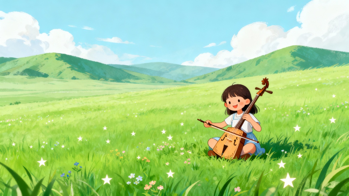 帮我花一个ppt背景，内容背景是小女孩在草原上演奏马头琴预览效果