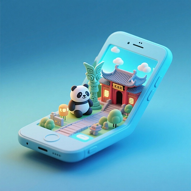 一个手机创意微缩场景，手机平放，侧面对着观众，手机俯视角度，立体的成都景观从屏幕内出来，有熊猫，三星堆，武侯祠，整体色调立体魔幻。青色背景。具有梦幻感,打光营造出柔和氛围强调梦幻和未来感的美学。