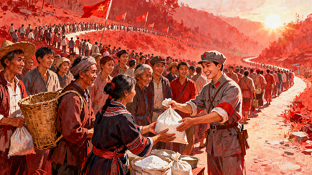 红军长征分盐给穷苦百姓的历史场景插画，红色历史风格，人山人海的干人儿排队领盐，附近苗人也来背盐，氛围热闹，体现红军和百姓的鱼水情