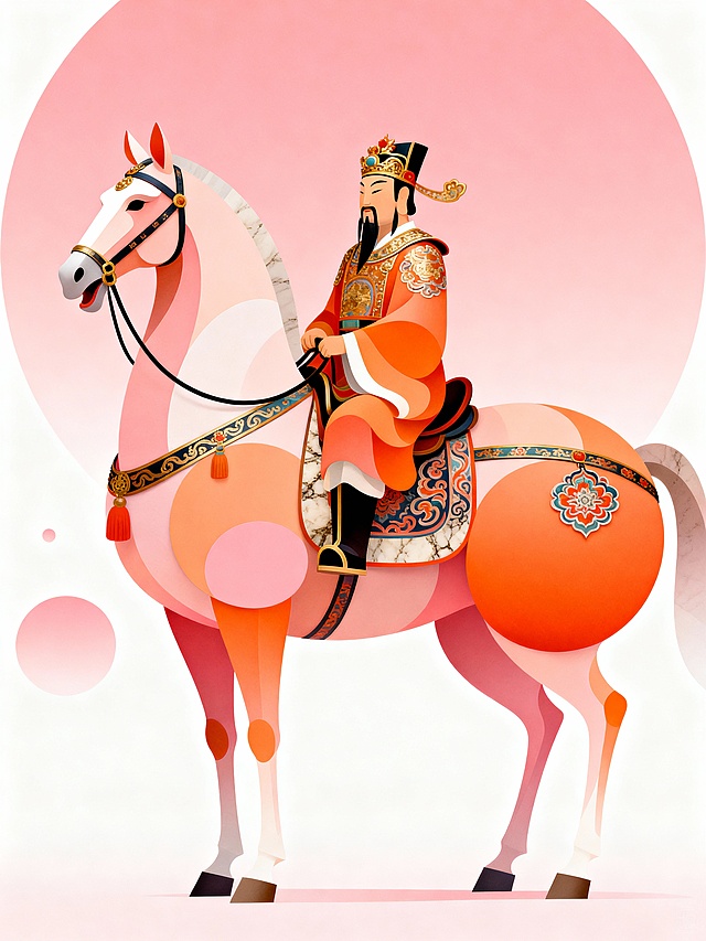 中国动物装饰画大师杰作，抽象曲面装饰画，韩美林的风格，华贵庄重的唐马，一个财神骑在马上，静态的雍容华贵，柔美色块构成，粉橙色系，叠加多个不规则弧形色块组成的唐马，头小颈细，昂头竖耳，微张着嘴，胸肌健硕，躯干夸张，造型饱满，腿短纤细，体态圆润健硕，臀部浑圆，膘肥体健，矫健饱满，凸显盛唐富贵温润余韵，夸张的修长造型，流线的渐变色块，华丽的装饰马具（头套、胸甲、缰绳、马鞍），马具上的中国传统纹样贴花装饰极其精致，自然纹理，局部留白，获奖海报。高清渲染，高品质细节，超高清分辨率，最佳品质，8K壁纸，背景为图片色系巨大圆点