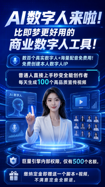 标题：AI数字人来啦! 比即梦更好用的商业数字人工具! 副标题：数百个真实数字人+海量配音免费用!免费创建本人数字人IP 内容：普通人直接上手秒变全能创作者 每天生成100个高品质宣传视频 底部：巨量预览效果