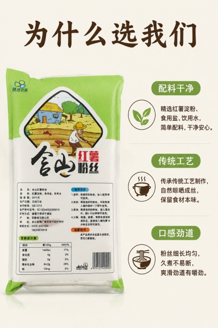 [第6屏] 核心卖点拆解屏-品先含山红薯粉丝三大优势介绍。本屏使用【图1】作为主体商品。
[氛围/风格] 清晰信息排版，简洁质朴，易读易懂。
[元素布局] 左侧放置完整商品包装，占比约40%；右侧分三预览效果