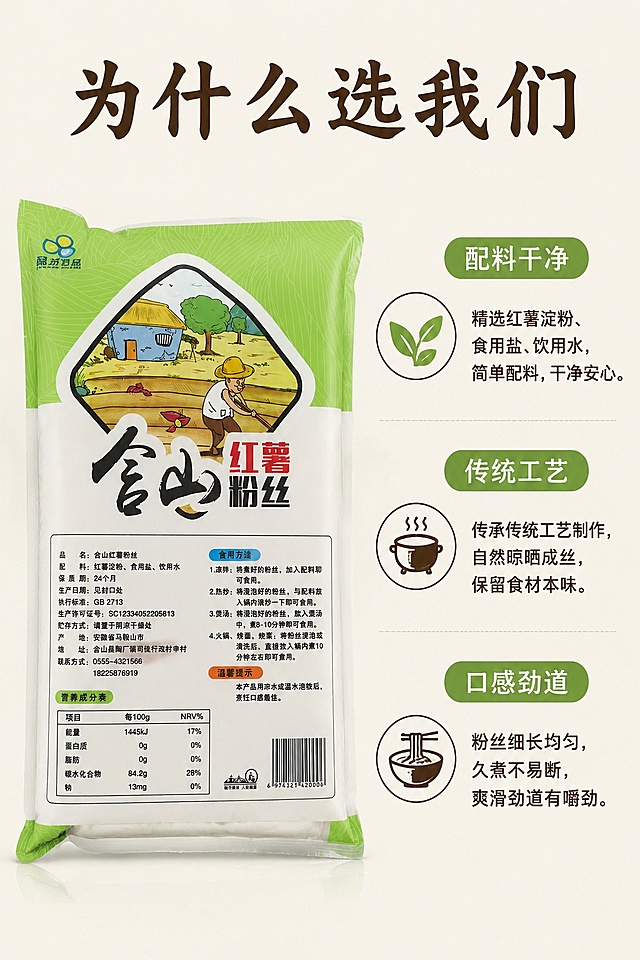 [第6屏] 核心卖点拆解屏-品先含山红薯粉丝三大优势介绍。本屏使用【图1】作为主体商品。
[氛围/风格] 清晰信息排版，简洁质朴，易读易懂。
[元素布局] 左侧放置完整商品包装，占比约40%；右侧分三栏列出三个核心卖点，每个卖点配一个简单小图标，信息清晰分层。
[光影质感] 均匀柔光，商品清晰，文字信息锐利可读，无强烈阴影。
[配色色系] 全局底色 #F9F6F0，左侧商品保持原本色彩，右侧卖点使用浅绿色小标签+棕黑色文字，统一整套配色。
[视角构图] 左右分栏平视构图，阅读动线左商品 → 右卖点从上到下。
[文字版式] 顶部主标题「为什么选我们」，右侧三个卖点依次：「配料干净」「传统工艺」「口感劲道」，每个卖点配简短说明，字体风格和颜色保持全套统一，排版整齐不拥挤。
[比例分辨率] 9:16竖版比例，4K分辨率，文字清晰可辨，高清画质。
[负向提示词] 商品变形，文字错乱，排版拥挤，图标花哨，水印，极限词