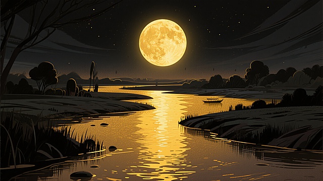 夜晚的场景，没有人类，金色的满月高悬天空，月光洒在河面上，呈现出金色主题，采用矢量插画风格，极致的CG效果，细节丰富，杰作级画质，8K高分辨率