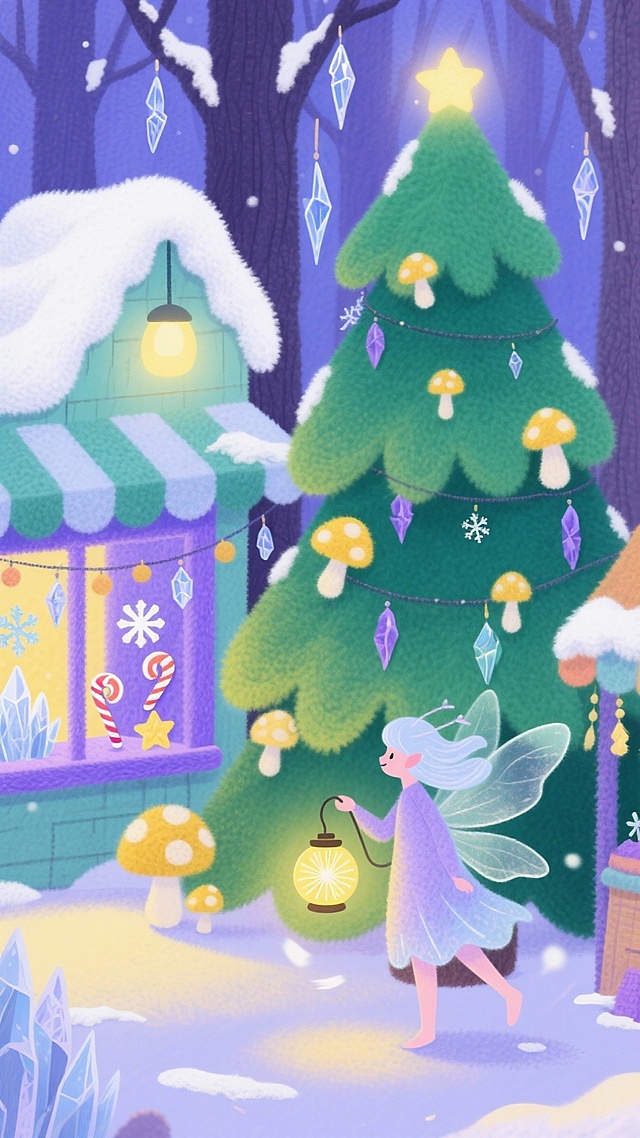 梦幻童话雪夜，拟人小精灵提灯穿梭于水彩风森林，插画感十足的圣诞树与糖果屋，毛发生长质感点缀温馨节日氛围。