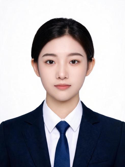 亚洲年轻女生，年龄20到30岁左右，正面免冠标准商务证件照，胸部以上胸像构图，人物居中端正，双肩平齐，平视镜头，表情自然平和，露出双耳与眉毛。身穿剪裁合身的藏青色正装西装外套，内搭挺括纯白色正装衬衫，预览效果
