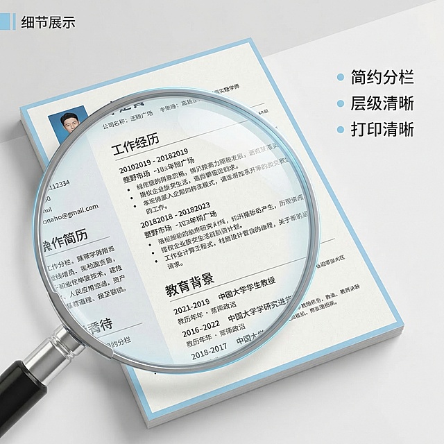 [主图主题] 简历模板细节展示
[氛围/风格] 简约高清细节特写，专业质感
[画面元素] 放大镜特效放大简历模板的排版细节，展示干净的分栏设计和清晰的标题层级，背景为浅灰白色，整体突出细节质感
[配色色系] 主色调：米白；辅助色：深灰文字 浅蓝高光
[视角构图] 特写构图，放大镜区域居中，细节清晰呈现
[文字版式] 左上角小字标注 "细节展示"，右侧标注 "简约分栏 层级清晰 打印清晰"，每个卖点用小圆点引导，字体简约无衬线，浅蓝小圆点，深灰文字，干净不遮挡