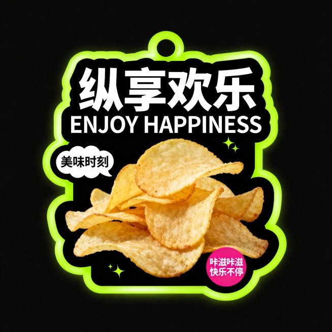 中间有薯片零食。荧光绿,主标题“纵享欢乐”，辅以英文“ENJOY HAPPINESS”；左侧气泡文案“美味时刻”，右下角粉色圆形小字“咔滋咔滋 快乐不停”。预览效果