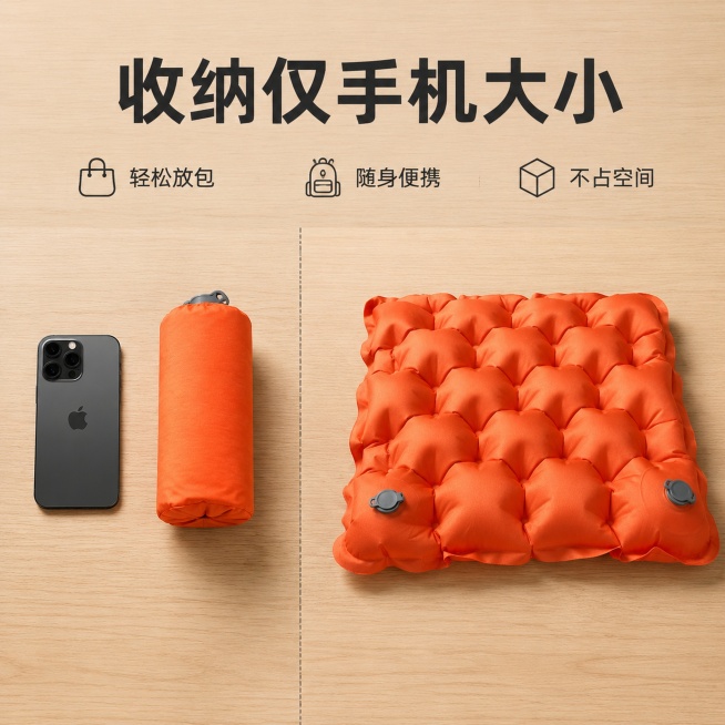 [主图-2] 展示充气坐垫便携收纳的体验图
[氛围风格] 简洁直观产品对比风
[画质] 商业摄影质感，光线均匀通透，细节清晰
[元素] 左侧将收纳后的充气坐垫和苹果15手机并排摆放在原木桌面上，直观对预览效果