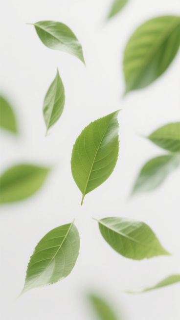 白色背景上，多片鲜嫩的绿色叶子在微风中轻盈飘落，叶片边缘呈现自然的动态模糊效果，仿佛能感受到清凉的微风拂过，整体画面营造出清新、凉爽、轻盈的氛围，叶子的绿色鲜亮而富有生机，光影柔和，构图简洁大方，突出风吹动叶子的自然动态和凉爽舒适的感觉。预览效果