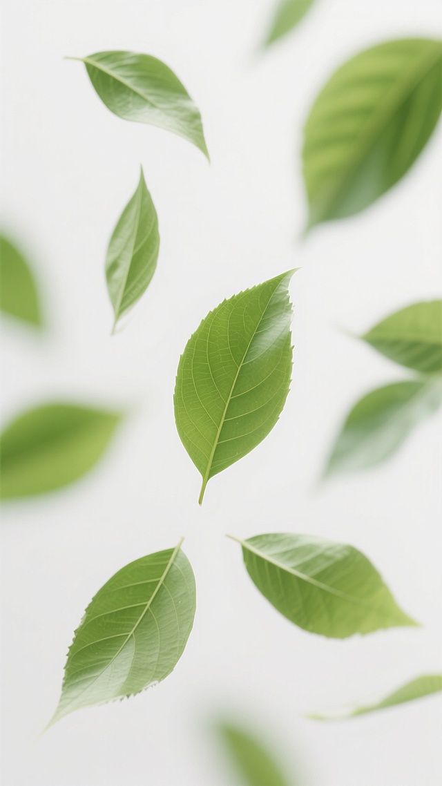 白色背景上，多片鲜嫩的绿色叶子在微风中轻盈飘落，叶片边缘呈现自然的动态模糊效果，仿佛能感受到清凉的微风拂过，整体画面营造出清新、凉爽、轻盈的氛围，叶子的绿色鲜亮而富有生机，光影柔和，构图简洁大方，突出风吹动叶子的自然动态和凉爽舒适的感觉。