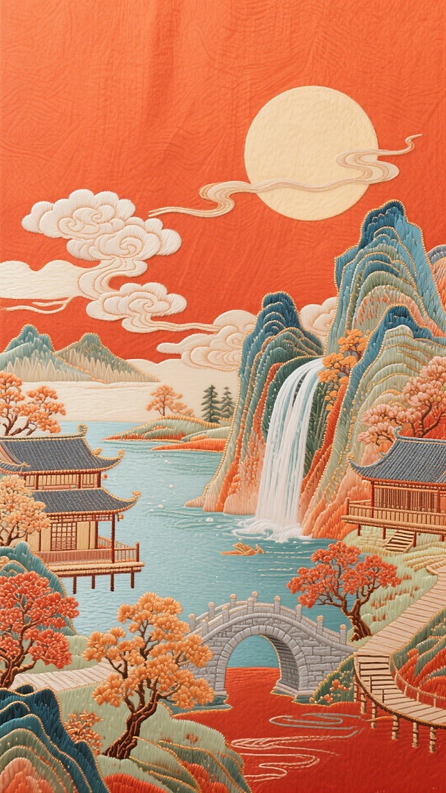 红橙色背景中铺展着绚烂霞光，一轮圆月，几缕彩绸般的云彩缠绕其间，下方是赭红、明黄、靛蓝晕染的山峦连绵起伏，一道银练似的瀑布从山巅倾泻而下，汇入山脚的湖泊，湖岸分布着错落的吊脚楼与石拱桥，漫山遍野的枫树林如火焰燃烧，栈道沿峭壁蜿蜒伸展，尽显祖国大好河山的磅礴与灵秀。​
