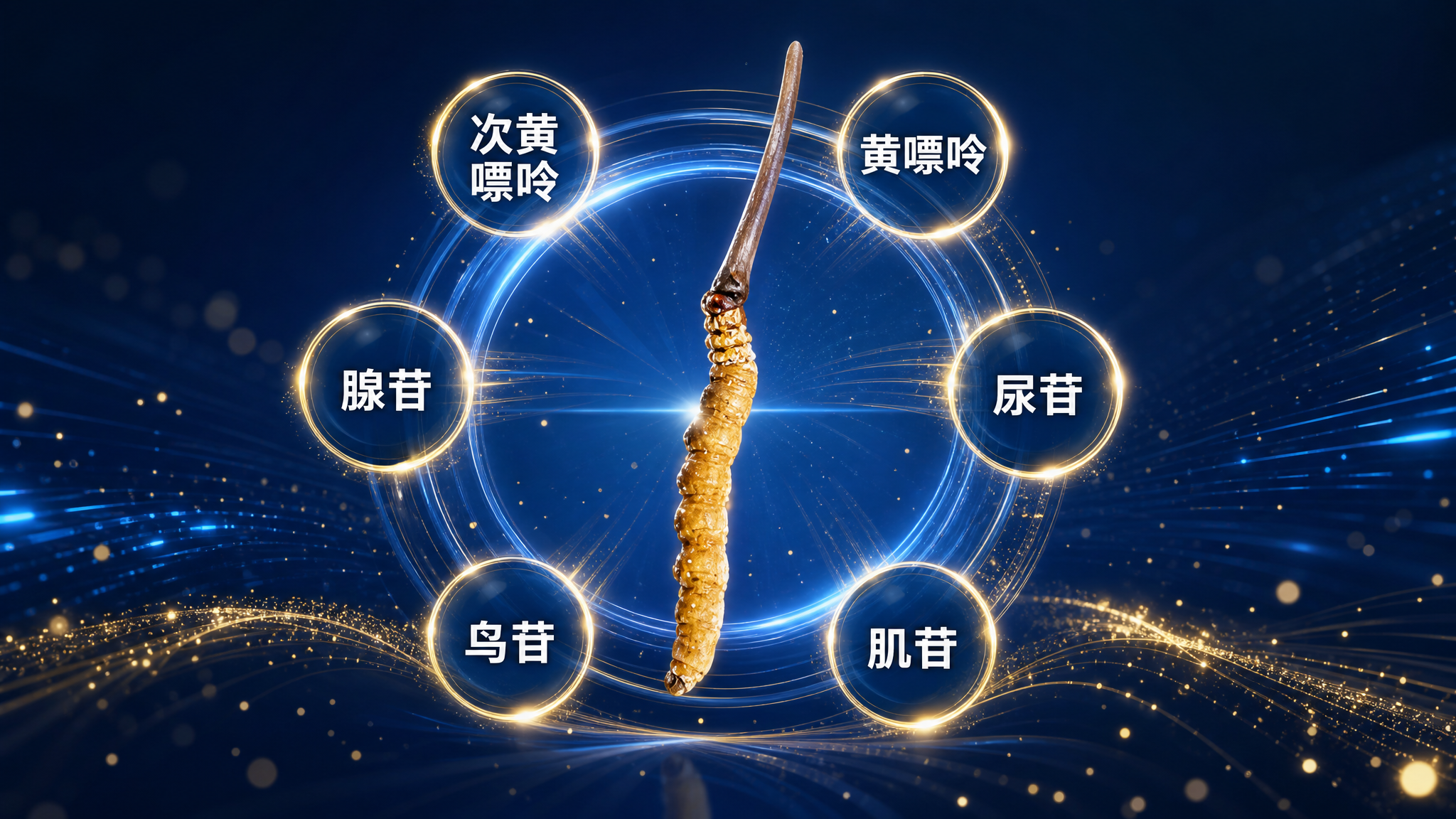 参考图的构图风格，中心保留一根冬虫夏草，周围环绕六个发光的圆形… - 图片创意预览
