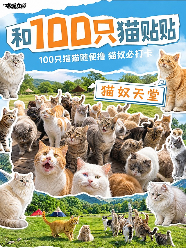 小红书内页图，完全按照用户上传参考图的风格：蓝天白云撕纸撕边、拼贴风白边贴纸、橙蓝撞色粗体大字带白边、猫咪贴纸、手写标签、明亮户外感。左上角「喵喵庄园」logo。第7页：百只猫咪互动（重点页）。大标题「和100只猫贴贴」，超大号橙蓝撞色粗体大字带白边撕纸底，「100只」特别放大突出。主体：大量猫咪实拍大图（多只猫咪群像，贴纸式带白边倾斜摆放，画面占比大更突出），旁边有「猫奴天堂」标签框。画面周围点缀超多只可爱猫咪贴纸（比其他页多，5~6只，各种品种姿态），强化百猫环绕感。蓝天白云草地树林背景。小字：「100只猫猫随便撸 猫奴必打卡」。重点突出猫咪数量多的卖点，视觉冲击力强。活泼拼贴风小红书种草感。画面比例3:4，4K。图生图：严格参考【图1】视觉风格，内容替换为百只猫咪互动项目并重点强化。