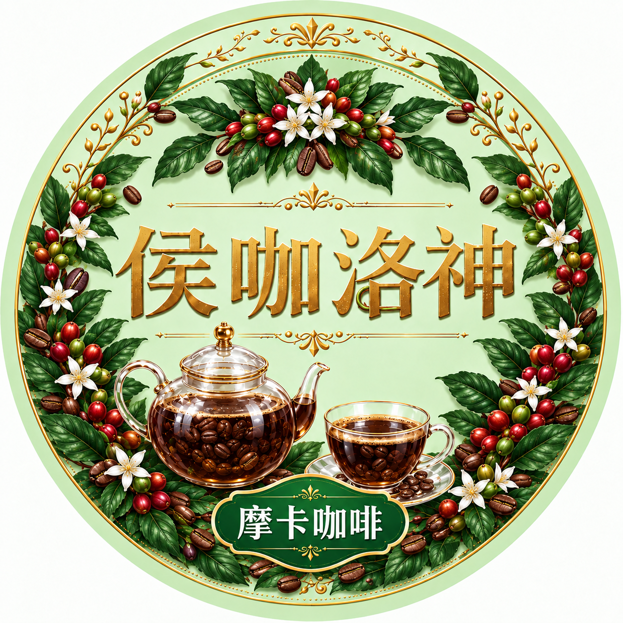 基于参考图彻底重绘，保持浅绿色圆形背景、金色边框花纹、"侯咖洛… - 图片创意预览
