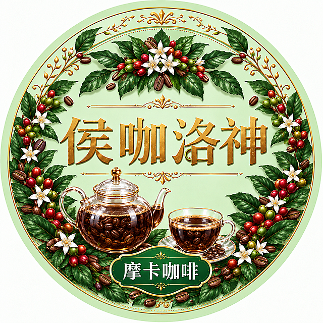 基于参考图彻底重绘，保持浅绿色圆形背景、金色边框花纹、"侯咖洛神"金色大字、玻璃茶壶茶杯造型完全不变。将画面中所有白色茉莉花（包括大花、小花苞、飘落的花瓣）全部移除，替换为纯咖啡相关植物元素：白色星形咖啡花、深绿色咖啡树叶、红色/绿色咖啡浆果、烘焙咖啡豆。四周装饰全部是咖啡树枝叶+咖啡花+咖啡果+咖啡豆的组合，没有任何茉莉花形态。茶壶和茶杯中是深棕色摩卡咖啡，内含咖啡豆。底部标签文字为"摩卡咖啡"。整体对称均衡，精致华丽插画风格，内容丰富不杂乱