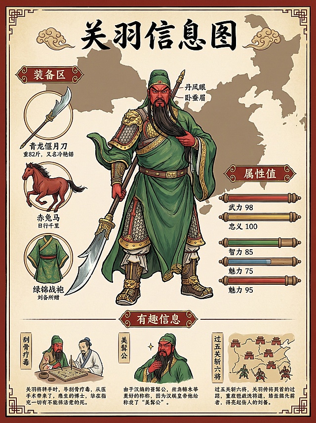 工笔风插画结合国潮设计，以古典版画构图呈现关羽信息图，融合水墨质感与复古配色，展现浓厚中式韵味与历史人物的英雄气概。