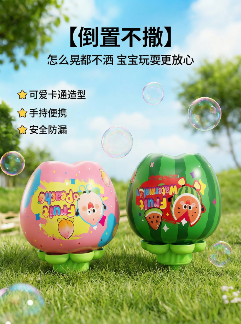 [主图 2] 核心卖点展示图
[氛围/风格] 夏天户外清新风格，明亮干净自然光
[画面元素] 泡泡瓶倒置放置在草地上，瓶口朝下没有液体洒出，直观展示倒置不撒核心卖点，保留产品原有可爱卡通外观，周围漂浮预览效果